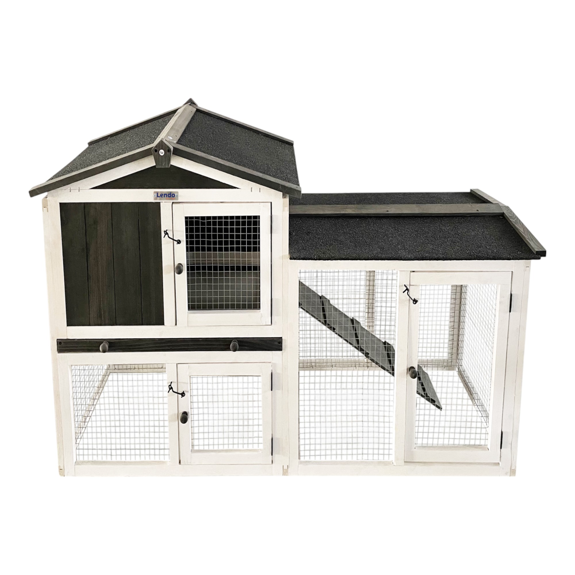 Konijnenhok van vurenhout in grijze en witte kleur