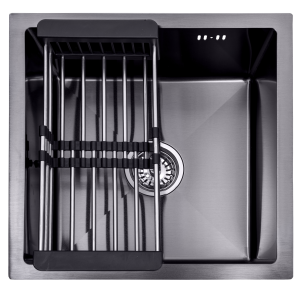 Evier en ligne Lendo 44×44 cm Acier inoxydable noir - Avec support de séchage