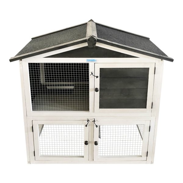 Konijnenhok van vurenhout in grijze en witte kleur