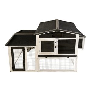 Chicken coop made of spruce wood with laying coop in gray and white color