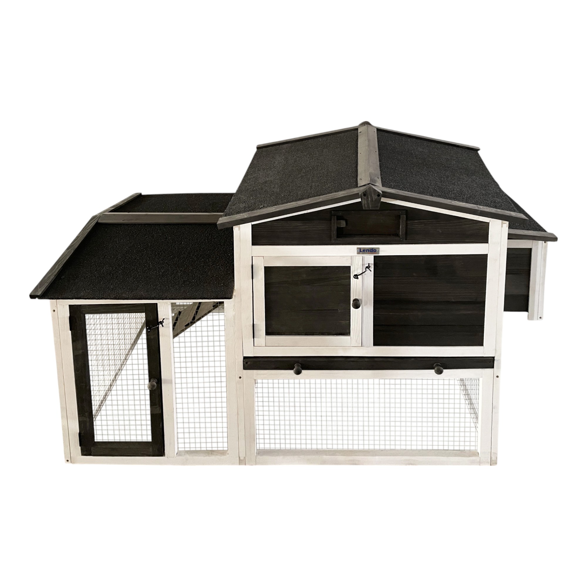 Chicken coop made of spruce wood with laying coop in gray and white color
