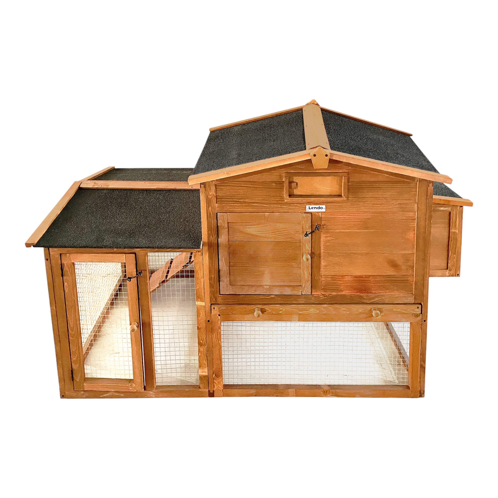 Chicken coop with laying coop made of spruce wood in honey brown color