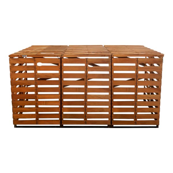 Container storage for 3 wheelie bins made of pine in honey brown color